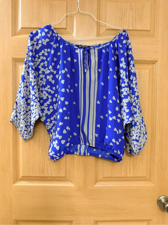 Express Tops - Express Royal Blue and White Printed Peasant Blouse